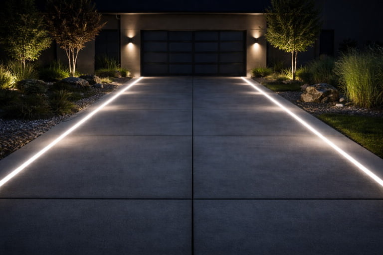 Modern concrete driveway with flush-mounted linear LED lights guiding the path to a garage at night. Smooth, dot-free light lines
