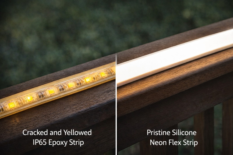 Close up of a cracked and yellowed IP65 LED strip on a wooden railing compared to a pristine Silicone Neon Flex strip.