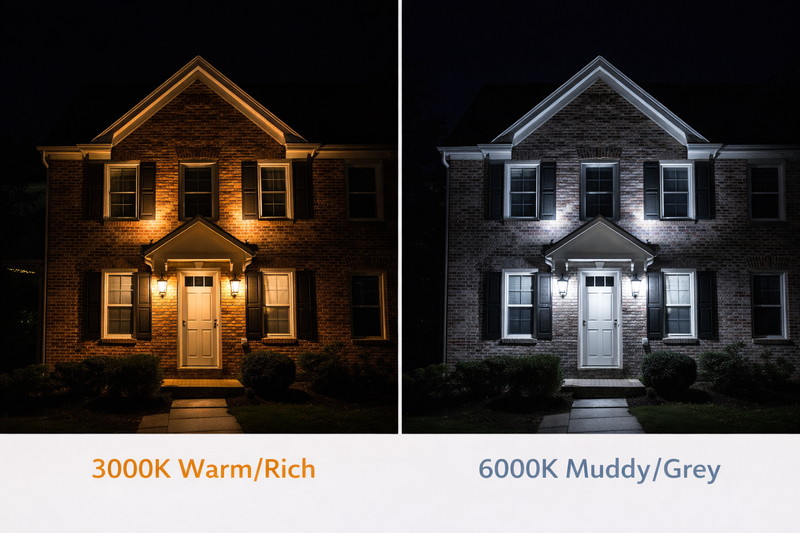 Side-by-side comparison. Left: Red brick house with 3000K (warm/rich). Right: Same house with 6000K (makes brick look muddy/grey).