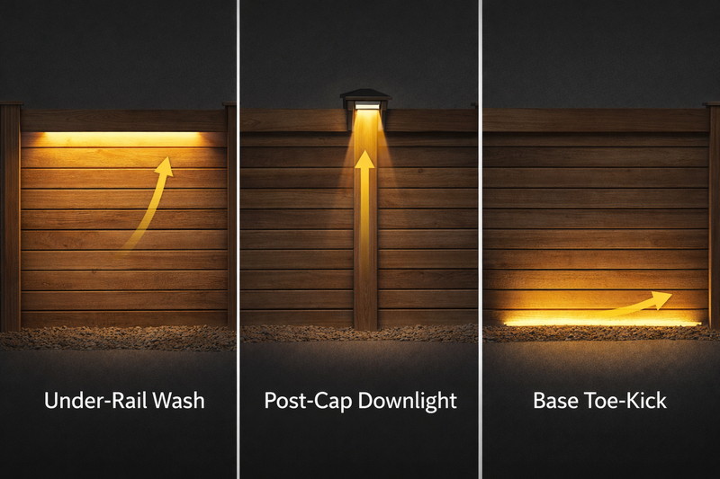 Diagram showing three lighting positions: Under-Rail wash, Post-Cap downlight, and Base Toe-Kick. Arrows indicate light direction.