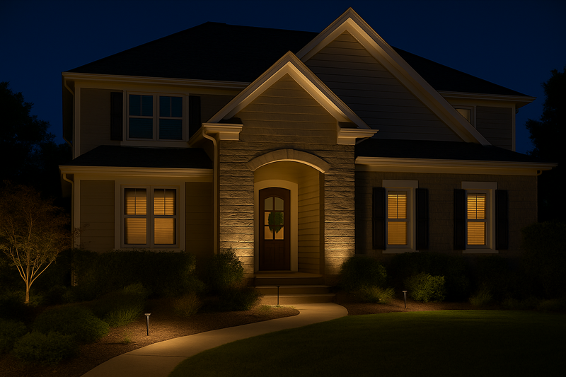 A detailed diagram of a house exterior at night. Zone 1 (Pathways) is labeled 'Soft Glow'. Zone 2 (Under Cap) is 'Medium Accent'. Zone 3 (Soffit/Roof) is 'High Output Wash'.