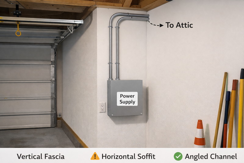 Photo of a neat utility setup in a garage. Metal box containing the power supply, labeled clearly, with conduit running up to the attic.