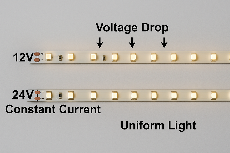 A technical illustration showing two LED strip runs. The top one is 12V and fades significantly. The bottom one is 24V Constant Current and remains perfectly uniform. Arrows indicate voltage levels dropping along the path.