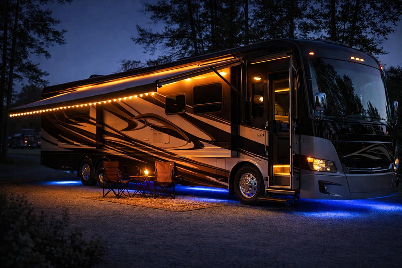 A luxury Class A motorhome parked at a campsite at twilight, featuring warm amber awning lights and soft blue underglow lighting, creating a cozy atmosphere