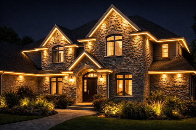 Luxury home exterior at night with warm white light glowing under the roof eaves, washing down a stone facade