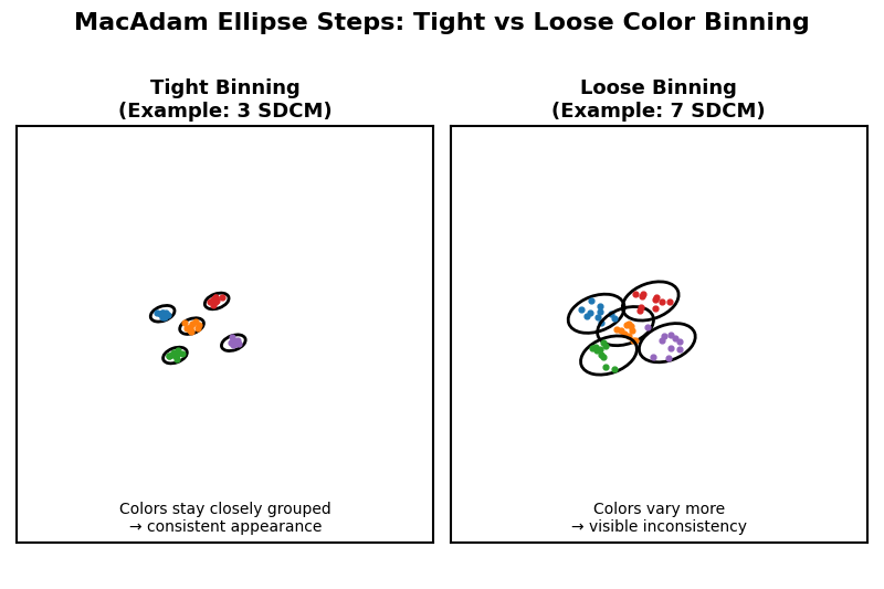 A graphic illustrating the MacAdam Ellipse steps, showing how tight binning groups colors closely together compared to loose binning.