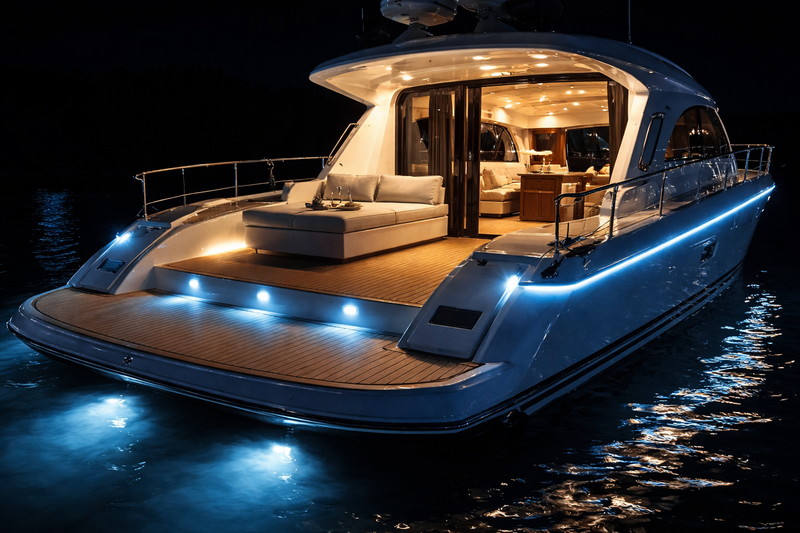 A luxury yacht deck at night, illuminated by soft blue gunwale lighting and warm white cabin lighting. The reflection shimmers on the water.