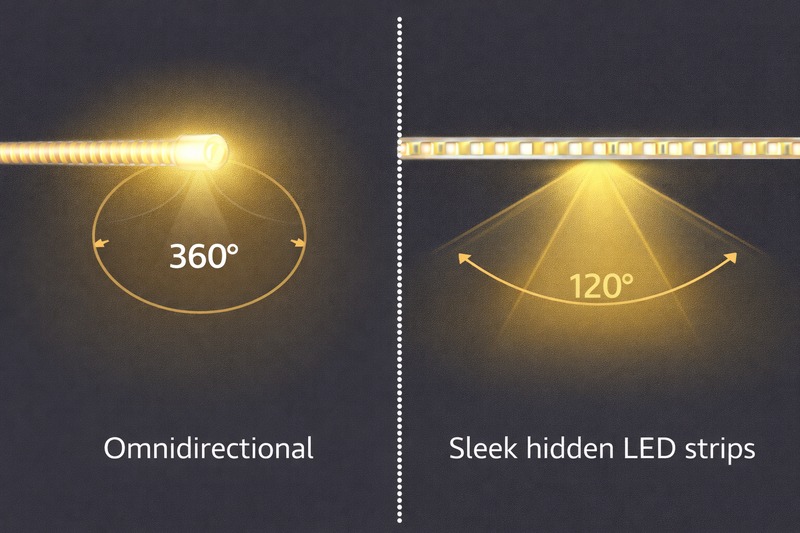 Comparison diagram of beam angles: Rope light scattering light 360 degrees versus LED strip focusing light 120 degrees.