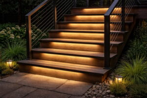 A beautifully lit wooden outdoor staircase at night. The light source is hidden under the steps, casting a soft warm glow on the treads below. No bright spots are visible
