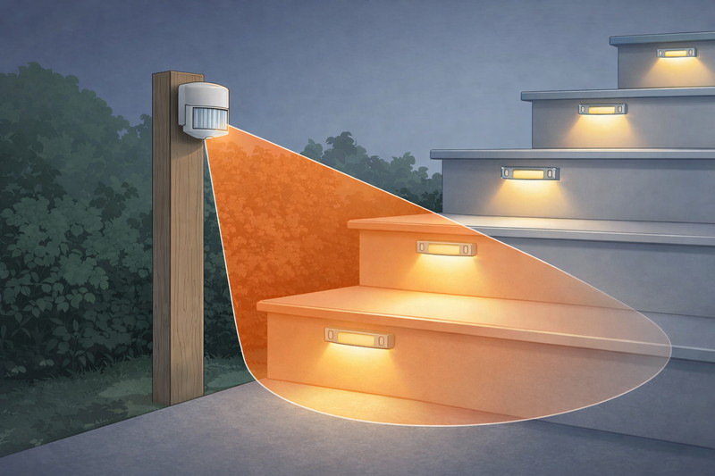 Illustration of a PIR sensor mounted on a post at the bottom of the stairs, with a detection zone cone highlighted.