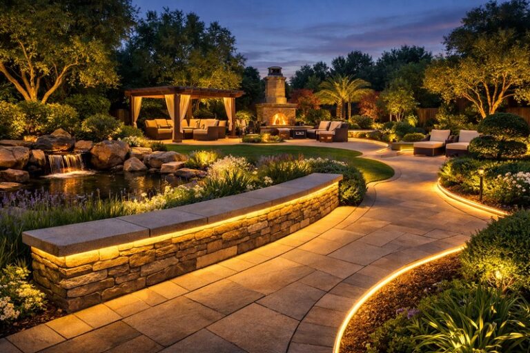 A luxurious backyard garden at twilight featuring long, seamless lines of warm light under stone benching and along pathways, with no visible dark spots