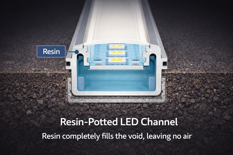Diagram of a resin-potted LED channel. Showing the cross section where the resin completely fills the void, leaving no air.