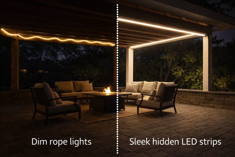A split image showing a patio: one side dimly lit with thick, tuby rope lights, the other side brightly and evenly lit with sleek hidden LED strips