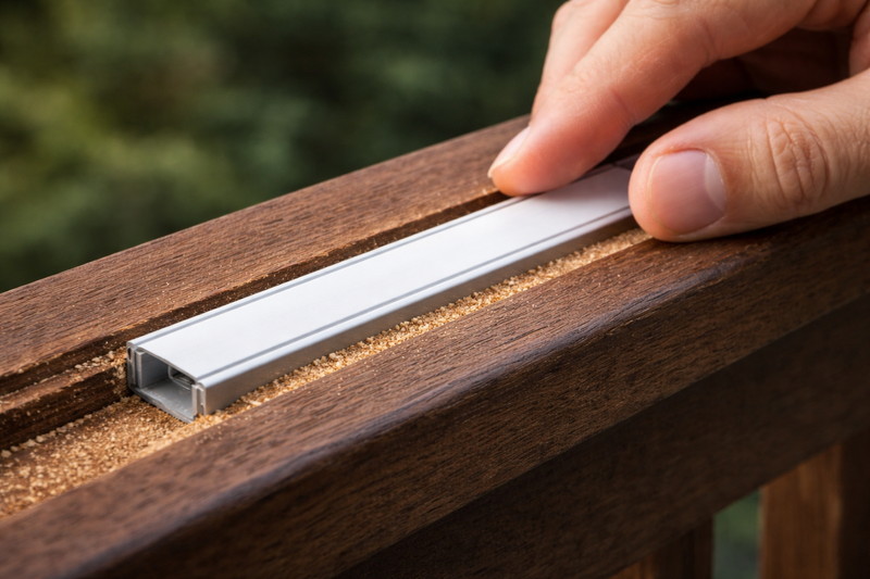 Installation close-up. Installing an aluminum channel into a routed groove in a wooden handrail. Clean, flush finish.