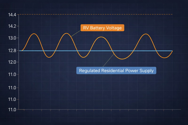 Graph showing RV battery voltage fluctuation from 11V to 14.4V compared to the flat line of a regulated residential power supply.