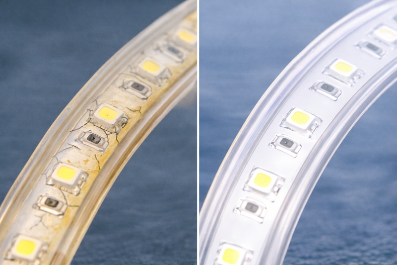 Comparison of a cracked, yellowed epoxy LED strip next to a pristine, flexible silicone LED strip after UV exposure.