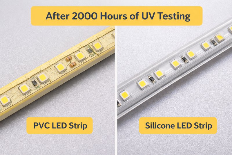 A side-by-side comparison of a yellowed, cracked PVC LED strip and a clear, flexible Silicone LED strip after 2000 hours of UV testing.