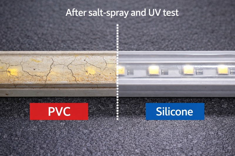 Close-up comparison of a cracked, yellowed PVC strip next to a flexible, clear Silicone strip after a simulated salt-spray and UV test.