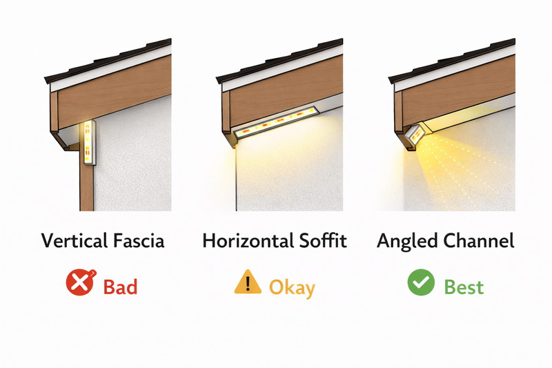 Cross-section diagram of an eave. Showing three mounting positions: Vertical Fascia (Bad), Horizontal Soffit (Okay), Angled Channel (Best).