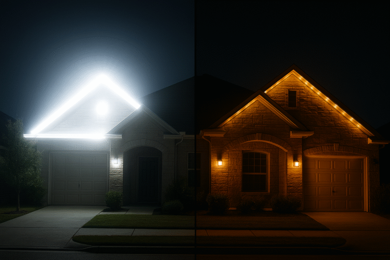 A split-screen comparison at night. The left side shows a house with blinding, over-exposed white LED strips on the roofline. The right side shows the same house with warm, soft lighting that highlights the architecture without glare