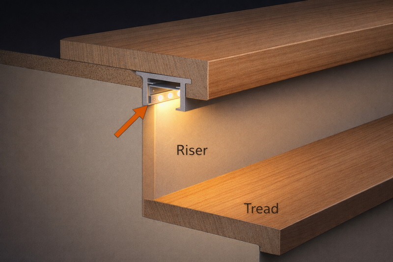 Cross-section diagram of a stair tread. Arrow points to the LED strip mounted in a channel under the nosing, shining down on the riser and tread.