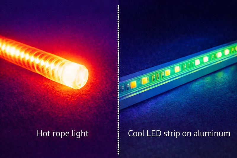 Thermal imaging comparison: A glowing red/white hot rope light versus a cool blue/green LED strip mounted on aluminum.