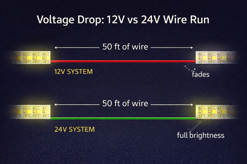 Diagram showing a 12V wire run with significant fading at the end, compared to a 24V run maintaining full brightness.