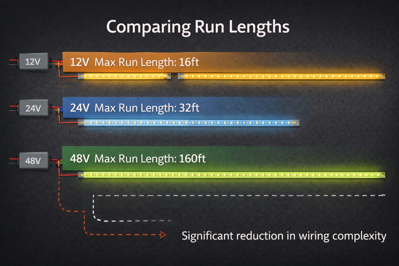 Chart comparing run lengths. 12V (16ft), 24V (32ft), and 48V (160ft). Showing the reduction in wiring complexity.