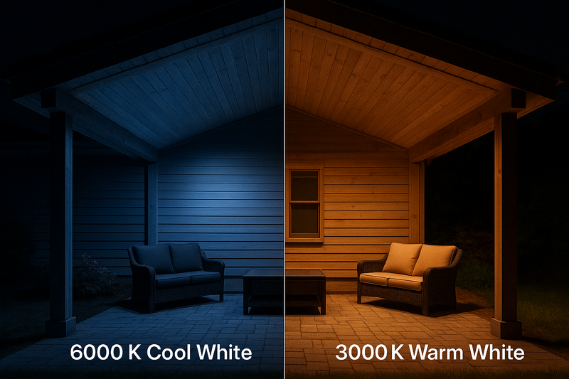 A split screen night shot. Left side: A patio lit with 6000K Cool White, looking stark, cold, and blueish. Right side: The same patio lit with 3000K Warm White, looking cozy, inviting, and highlighting the wood grain