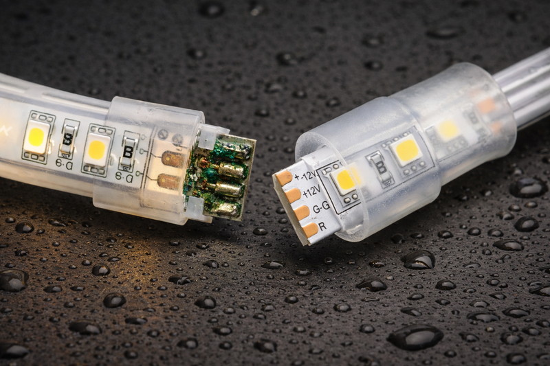 Close up of a failed connector with green corrosion next to a properly sealed silicone-capped connector.