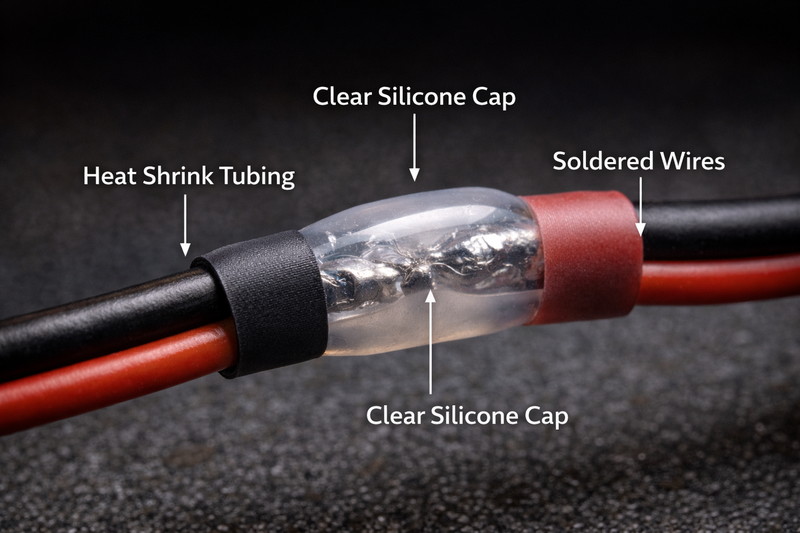 Macro shot of a properly sealed connection. Soldered wires, clear silicone cap, and heat shrink tubing creating a tight seal.