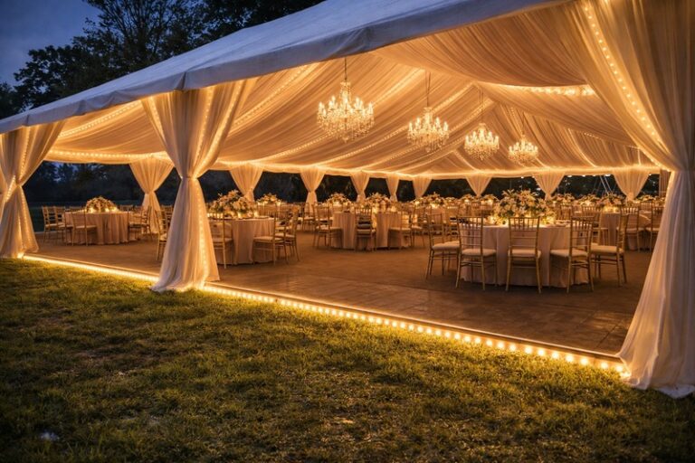 A luxurious wedding tent reception at dusk, glowing with soft warm white light lining the floor perimeter and ceiling drapes, damp grass visible outside