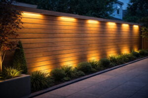 Modern backyard with horizontal wood fence lit by warm white hidden LED strips. The light washes down the wood texture without visible hot spots