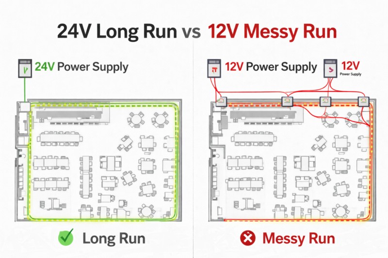 Technical diagram showing a large restaurant floor plan. One line shows a simple 24V run; another shows a messy 12V run with multiple power supplies.
