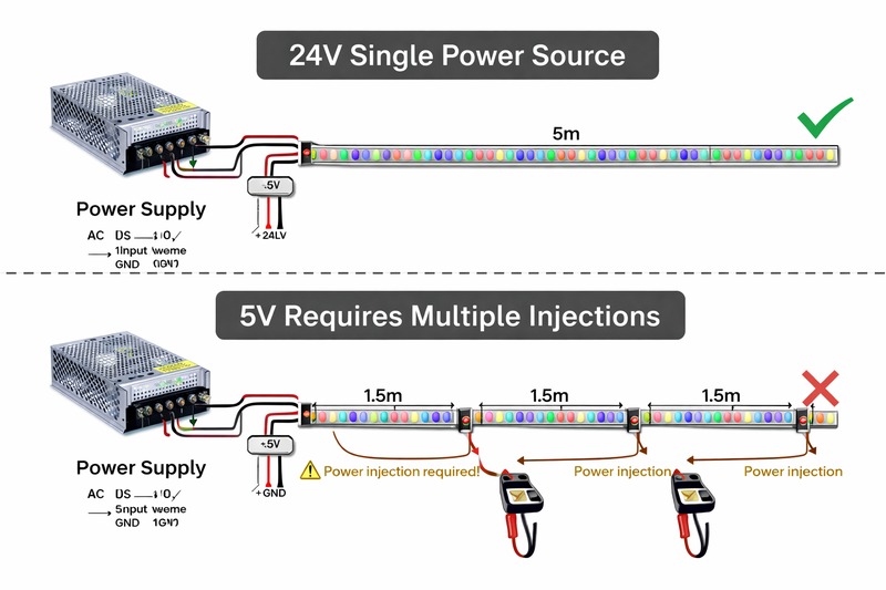 Technical wiring diagram showing a 24V system with a single power source versus a 5V system requiring multiple power injections.