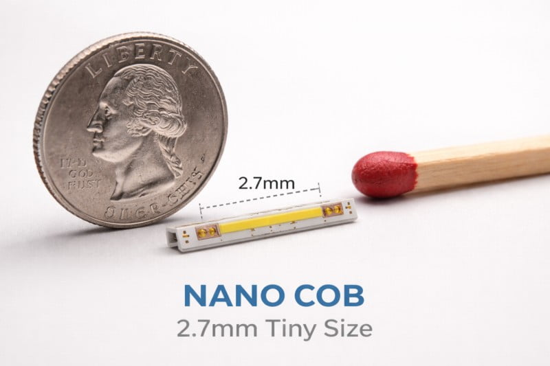 Macro shot of a 2.7mm LED strip compared to a coin or a matchstick, highlighting its tiny size.