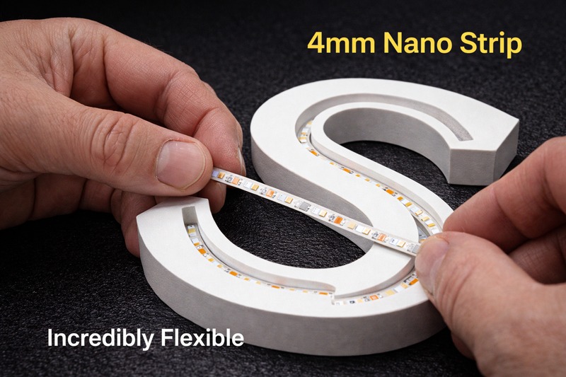 Photo of a technician installing a very thin 4mm strip into a routed acrylic letter 'S' to show the flexibility.