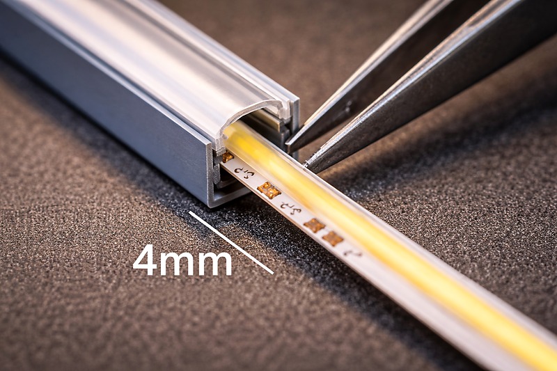 Macro shot of a 4mm wide LED strip being inserted into a narrow aluminum railing channel.