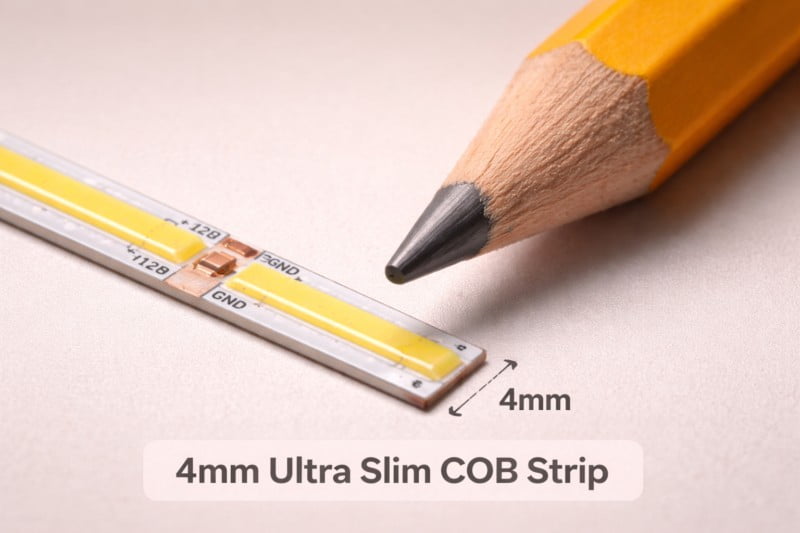 Macro photo of a 4mm wide LED strip next to a standard pencil, showing how tiny it is.