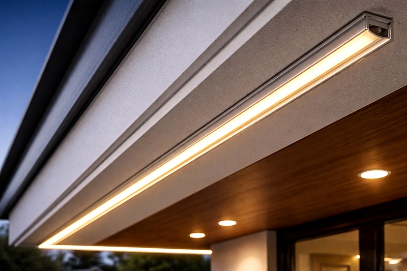 Close up of aluminum channel installed under an eave with a COB strip inside, showing a perfectly straight line.