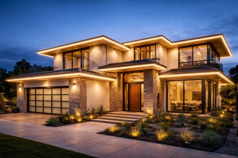 Modern luxury home at twilight with warm white linear LED lighting tracing the roofline and eaves, highlighting the architectural geometry