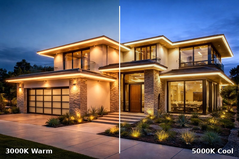 Split image showing a house facade illuminated with 3000K warm light vs 5000K cool light to show the difference.