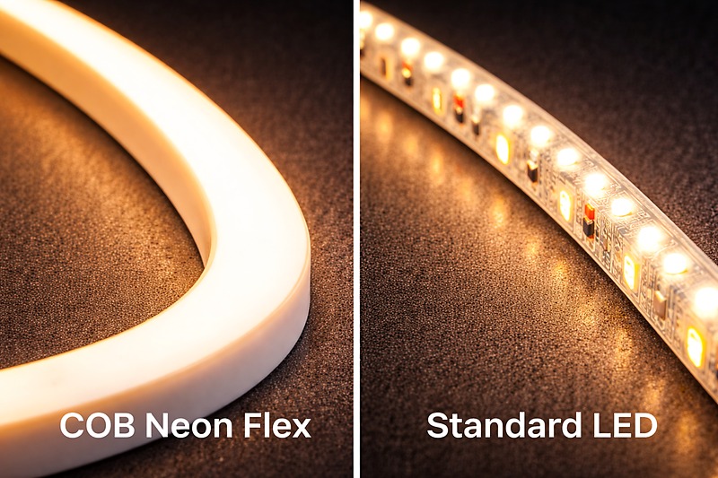 Close up of a COB Neon Flex strip showing a continuous line of light versus a standard strip with visible dots.