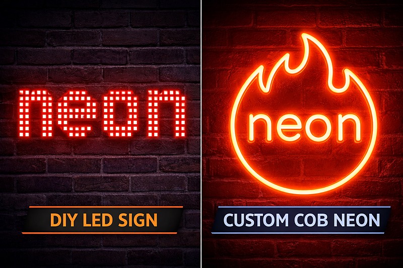 A split screen comparing a cheap, pixelated DIY LED sign versus a crisp, seamless custom neon logo made with COB technology.