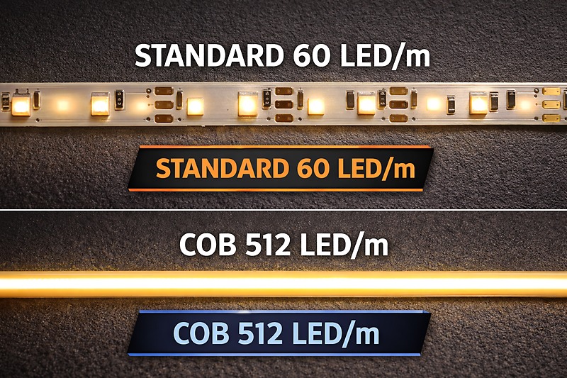 Comparison of a standard 60 LED/m strip with visible dark spots vs a 512 LED/m COB strip appearing as a solid line.