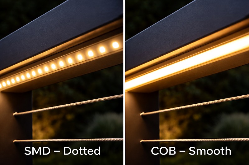 Close up comparison of an old SMD strip with visible dots vs a smooth COB strip line.
