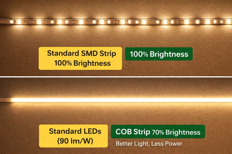Comparison photo: A standard SMD strip running at 100% brightness vs. a COB strip running at 70% brightness, showing the COB looks better and uses less power.