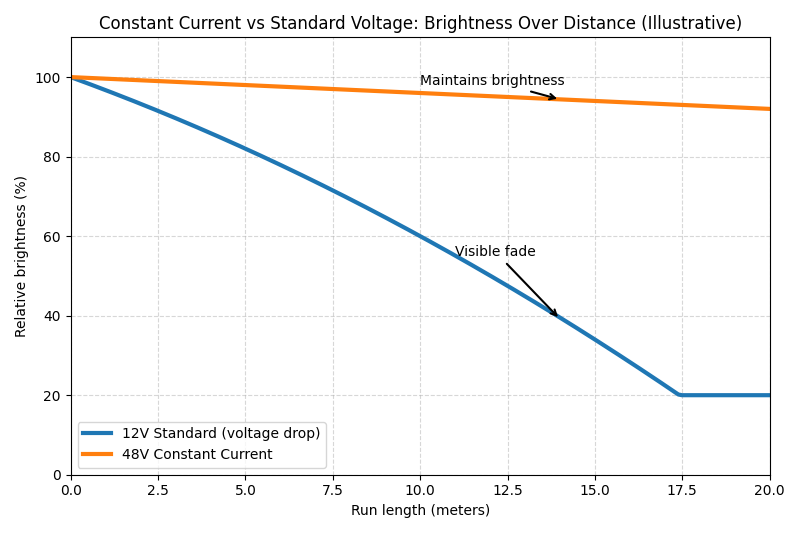 Diagram contrasting a 12V strip fading over distance versus a 48V Constant Current strip maintaining brightness.
