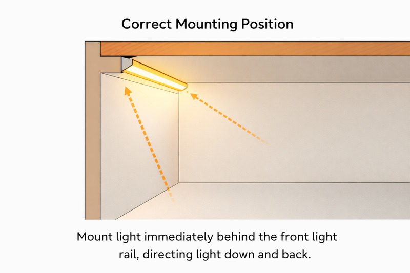 Cross-section diagram of a cabinet showing the light mounted immediately behind the front light rail, directing light down and back.