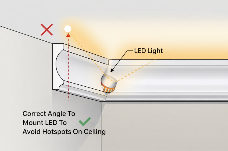Diagram of a crown molding cross-section showing the correct angle to mount the LED light to avoid creating hotspots on the ceiling.